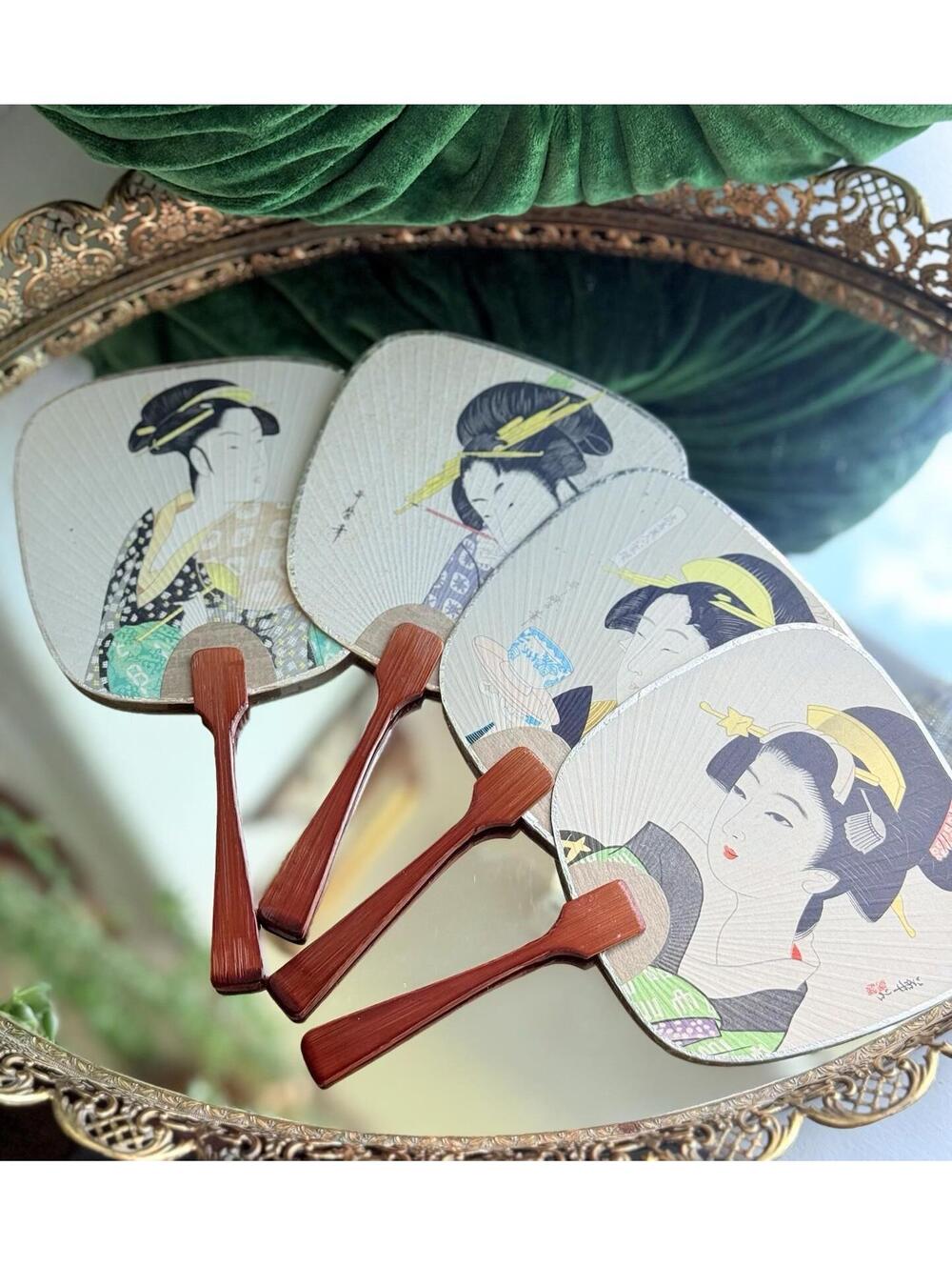 Vintage Japanese Uchiwa Style Fans Set of 4 | Court Lady Paper Fans | Decor